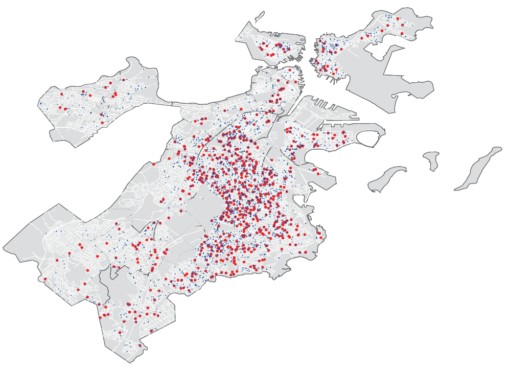 Home addresses of Boston residents committed to the Suffolk County House of Correction (red dots) and Nashua Street Jail detainees (blue dots) in 2013.